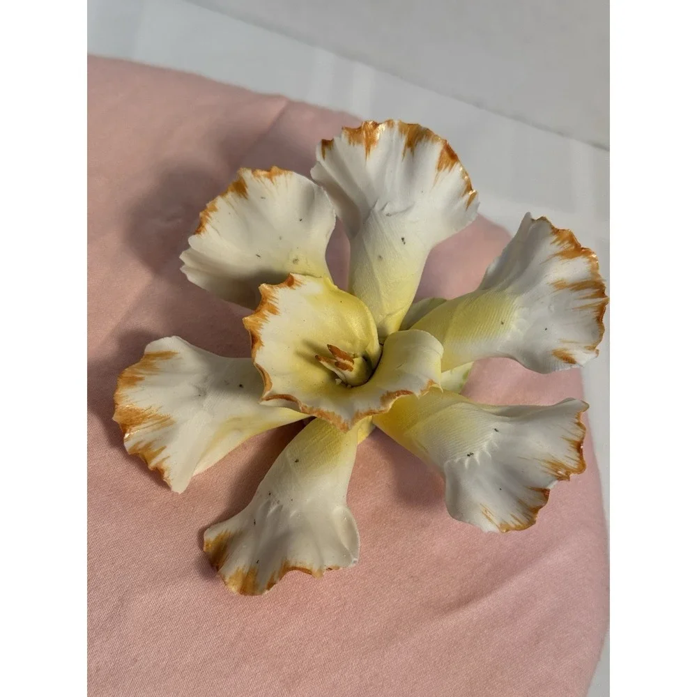 2 Vintage Capodimonte Porcelain Orchid Flower Delicate Bisque Yellow & White